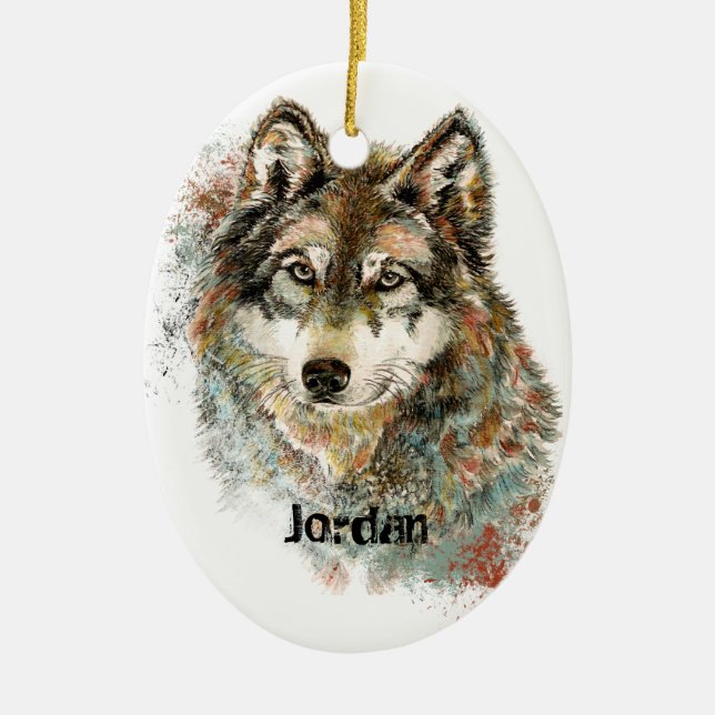 Custom Name Personalised Grey Wolf Ceramic Ornament (Front)