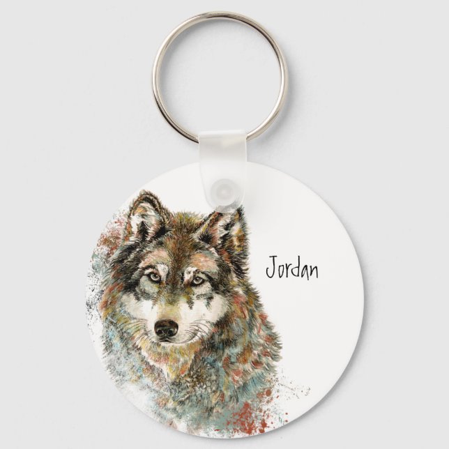 Custom Name Personalised Grey Wolf Key Ring (Front)