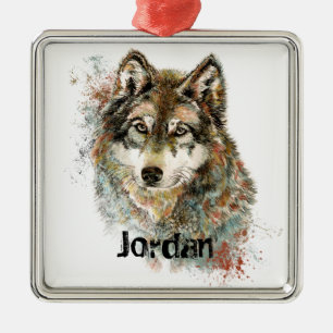 Custom Name Personalised Grey Wolf Metal Ornament