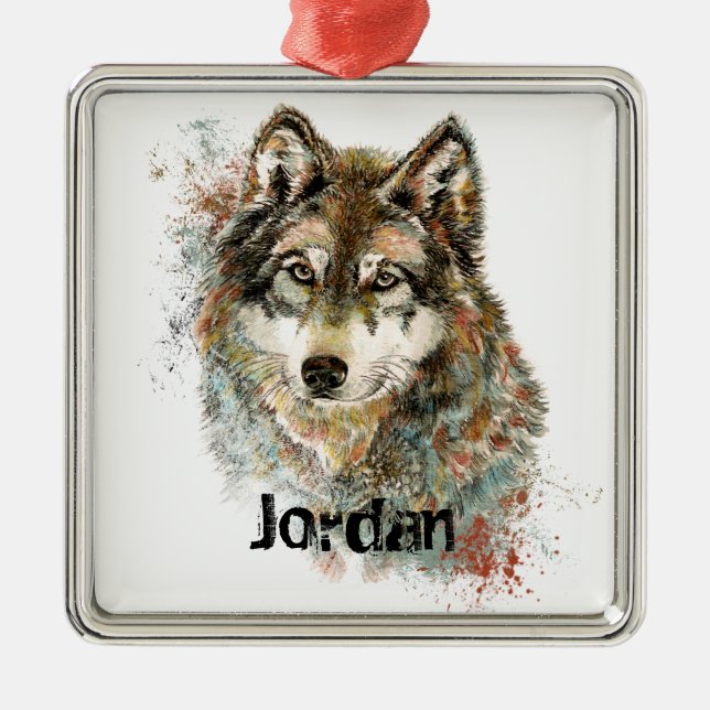 Custom Name Personalised Grey Wolf Metal Ornament (Front)