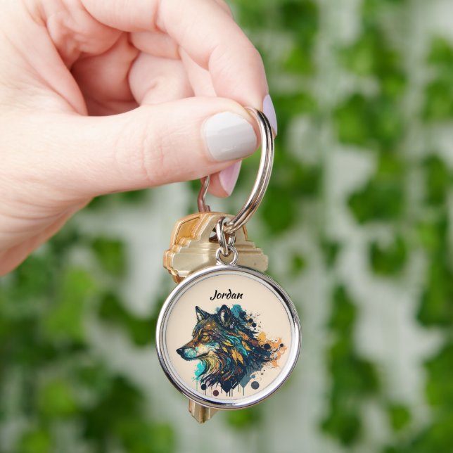 Custom Name Personalised Stylised Wolf Head Key Ring (Hand)