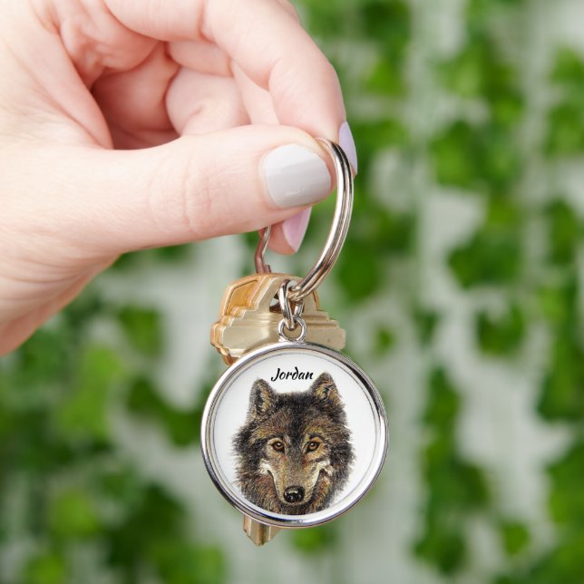 Custom Name Personalised Wolf Head Logo Key Ring (Hand)