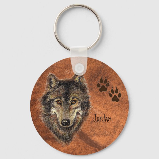 Custom Name Personalised Wolf & Tracks Key Ring (Front)