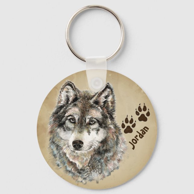 Custom Name Personalised Wolf & Tracks Keychain (Front)