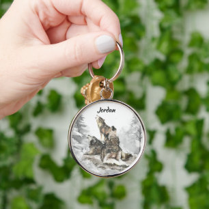 Custom Name Personalized 3 Wolves Howling Key Ring