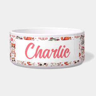  Custom Name Pet Bowl with Cat Pattern Decor