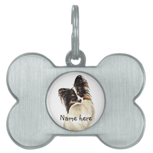 Custom Name Pet Tag Black Papillon  Dog (Front)
