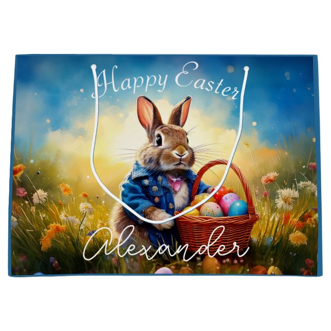 Custom Name Peter Easter Bunny with Easter Eggs Large Gift Bag (Front)