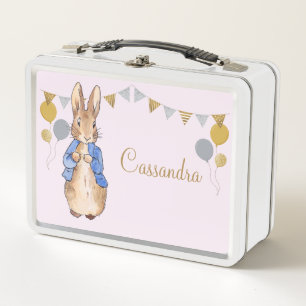 Custom Name Peter the rabbit pink background Metal Lunch Box