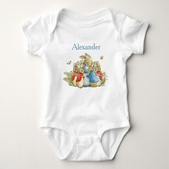 Custom Name Peter the Rabbit with Josephine Bunny Baby Bodysuit (Front)