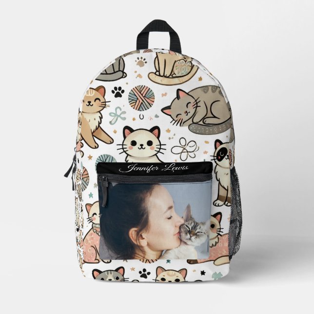 Custom Name & Photo Cat Pattern  Printed Backpack (Front)