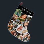 Custom Name Photo Collage Large Christmas Stocking<br><div class="desc">Personalised christmas stocking featuring a stylish black background that can be changed to any colour,  a 15 photo collage for you to replace with your own pictures,  and the persons name. On the reverse is a traditional festive plaid tartan pattern.</div>