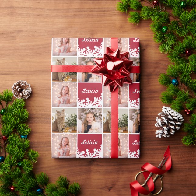 Custom Name & Photo Collage Red White Snowflake Wrapping Paper (Holiday Gift)