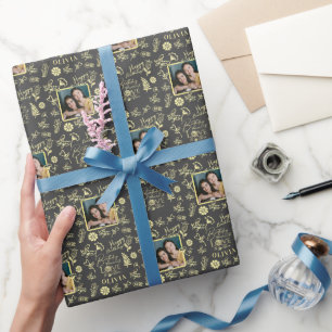 Custom Name Photo Floral Typography Birthday  Wrapping Paper