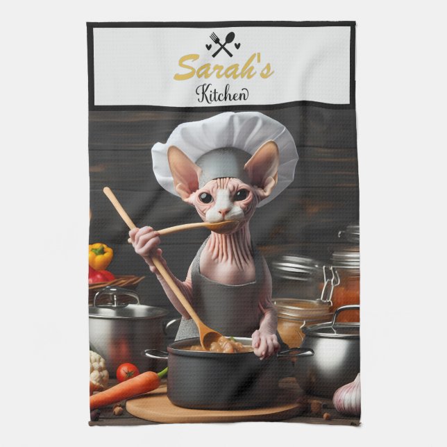 Custom Name Photo Funny Sphynx Cat Chef Cook's Tea Towel (Vertical)
