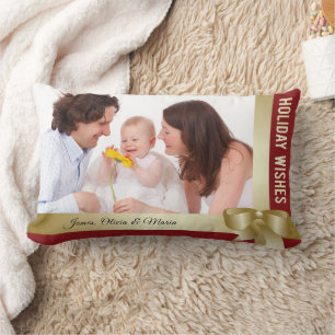 Custom Name & Photo Holiday Red, Gold Bow Lumbar Cushion