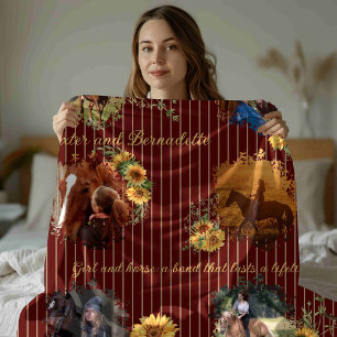 Custom Name Photo Horse Pet Burgundy Striped  Fleece Blanket