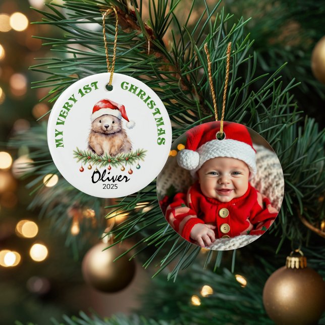 Custom Name & Photo Keepsake with Cute Aus Wombat Ceramic Ornament (Creator Uploaded)