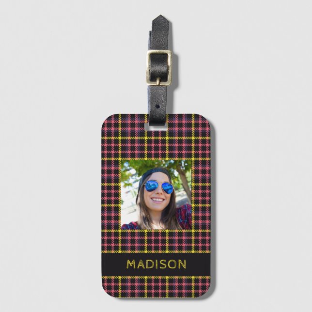 Custom Name & Photo Plaid / Tartan Pattern Luggage Tag (Front Vertical)