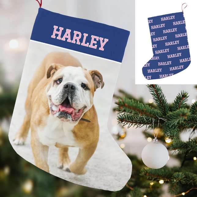 Custom Name Photo Retro Typography Navy Pink Small Christmas Stocking (Creator Uploaded)