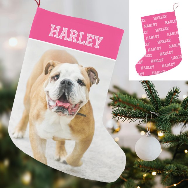 Custom Name Photo Retro Typography Pink Small Christmas Stocking (Creator Uploaded)