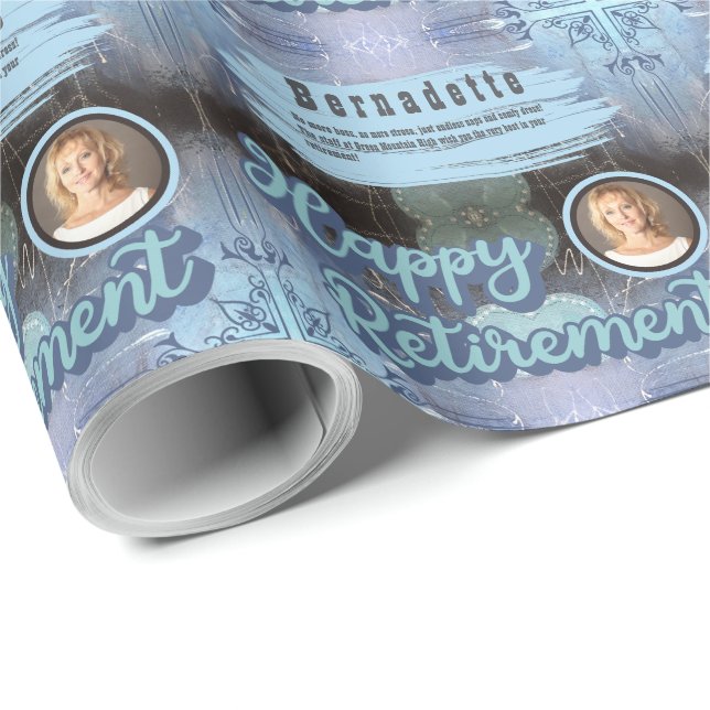 Custom Name Photo Text Message Blue Retirement Wrapping Paper (Roll Corner)