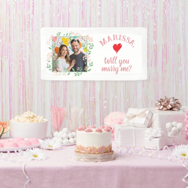 Custom Name Pic Floral Will You Marry Me Proposal  Banner (Party)