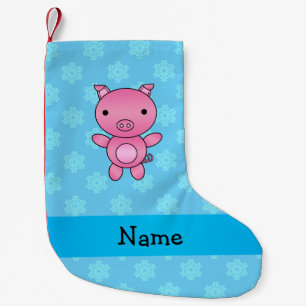 Custom name pig light blue snowflakes small christmas stocking