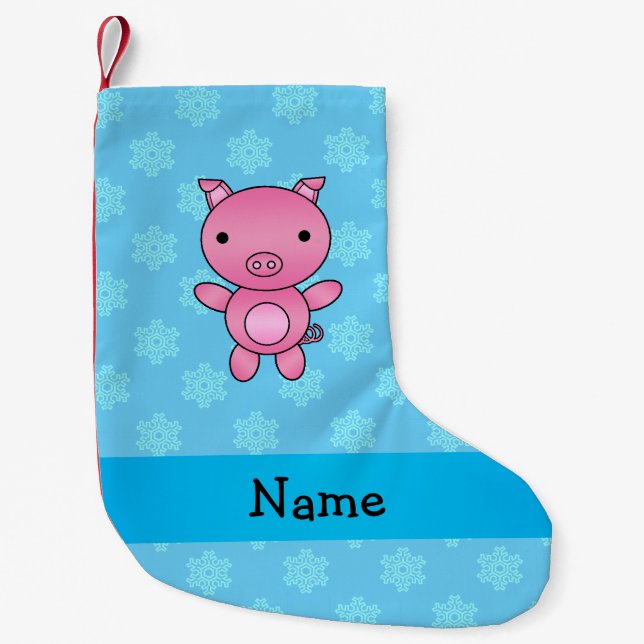 Custom name pig light blue snowflakes small christmas stocking (Front)
