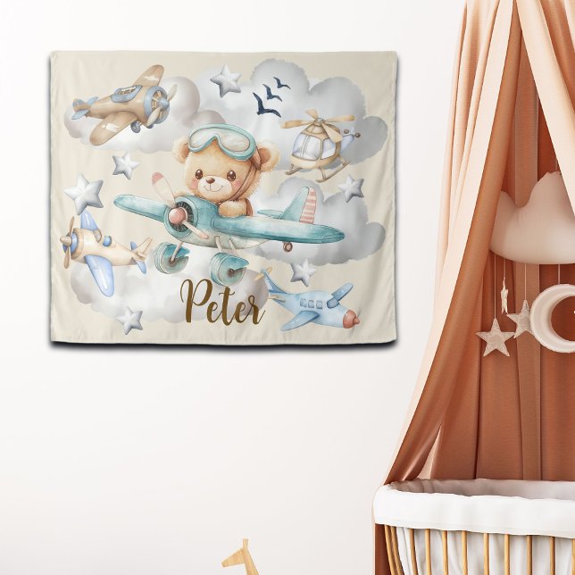 Custom Name Pilot Teddy Bear Backdrop Tapestry (Creator Uploaded)