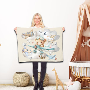 Custom Name Pilot Teddy Bear  Fleece Blanket