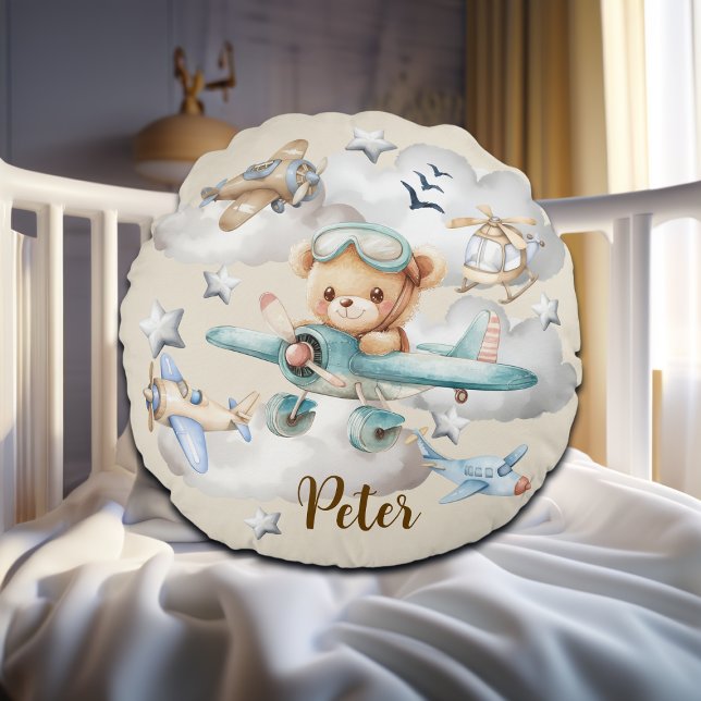 Custom Name Pilot Teddy Bear Round Cushion (Creator Uploaded)