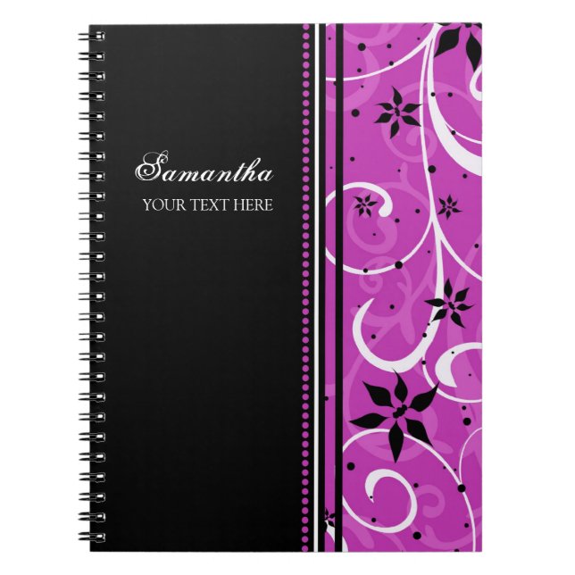 Custom Name Pink and Black Floral Notebook (Front)