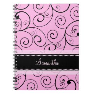Custom Name Pink and Black Swirls Notebook
