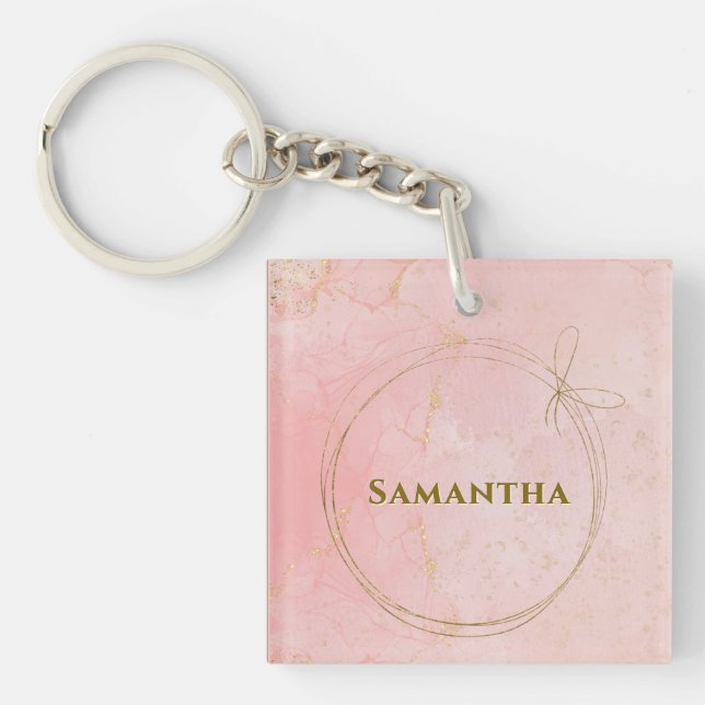 Custom Name Pink and Gold Square Key Ring (Front)