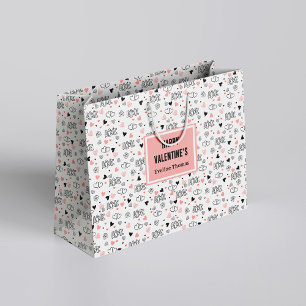 Custom Name Pink Black Hearts Classic Gift Wrap  Large Gift Bag