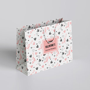 Custom Name Pink Black Hearts Simple Valentine  Large Gift Bag