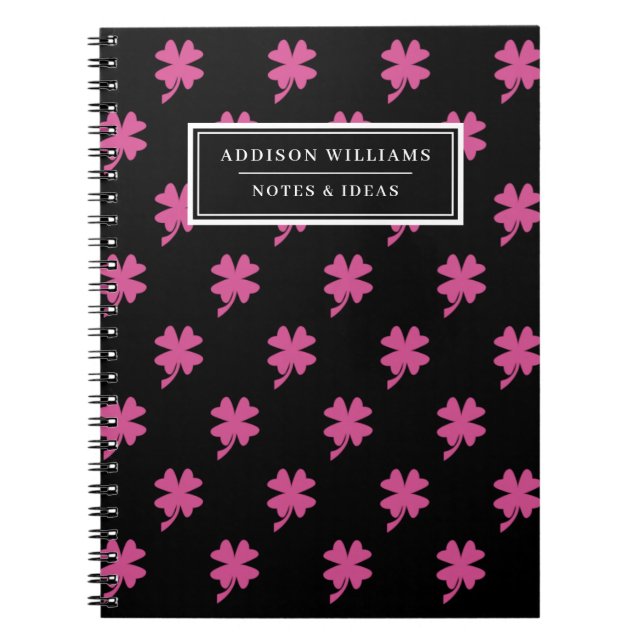 Custom Name Pink Black Shamrock Pattern Notebook (Front)