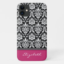 Custom Name Pink Black White Damask