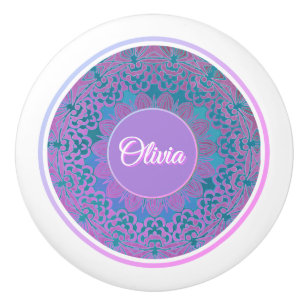 Custom Name Pink Blue Purple Teal Mandala Boho Ceramic Knob