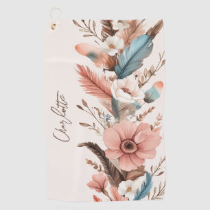 Custom Name Pink Boho Flower & Feathers Golf Towel