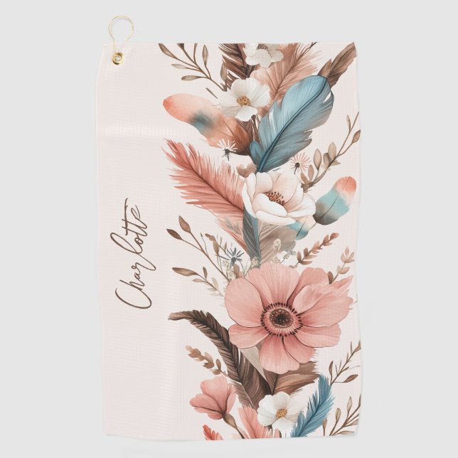 Custom Name Pink Boho Flower & Feathers  Golf Towel (Front)