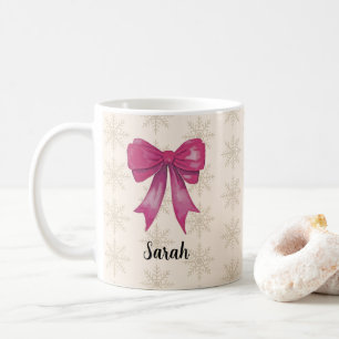 Custom Name Pink Bow Snowflake Pattern Coffee Mug