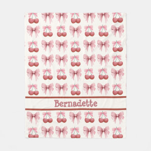 Custom Name Pink Bows and Cherries Girly Coquette Fleece Blanket