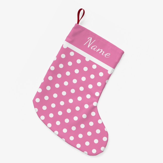 Custom Name Pink Christmas Stocking White Dots (Front (Hanging))
