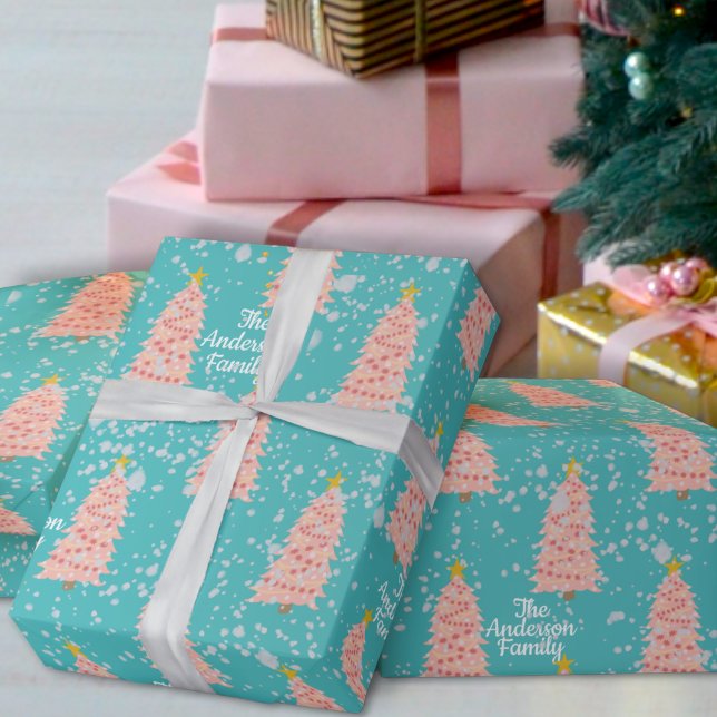 Custom Name Pink Christmas Trees on Aqua Blue Gift Wrapping Paper (Creator Uploaded)