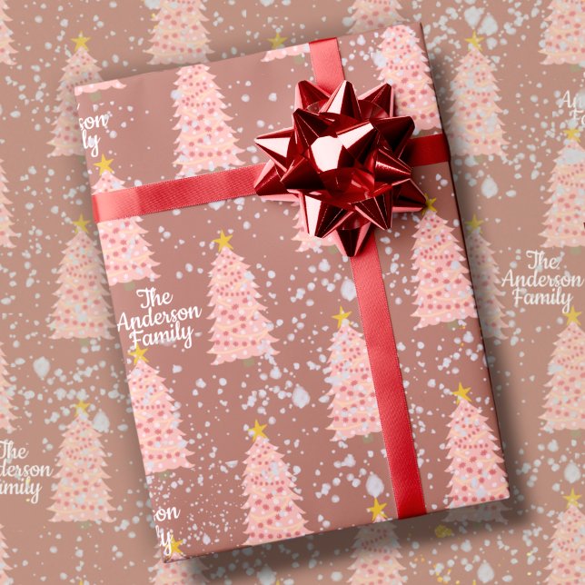 Custom Name Pink Christmas Trees on Mauve Modern Wrapping Paper (Creator Uploaded)