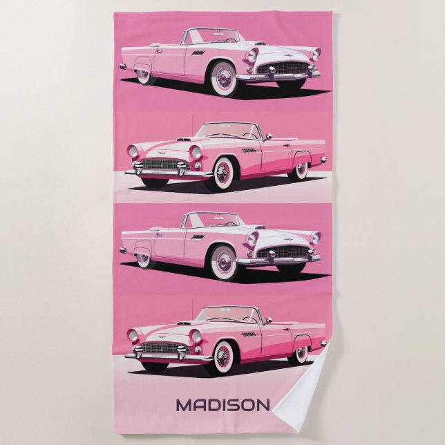 Custom Name Pink Classic Car Beach Towel (Front)