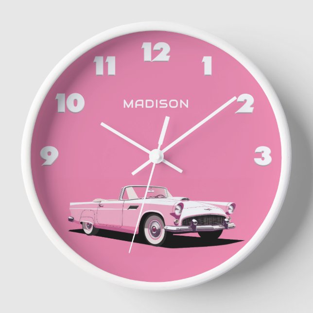 Custom Name Pink Classic Car Clock (Front)
