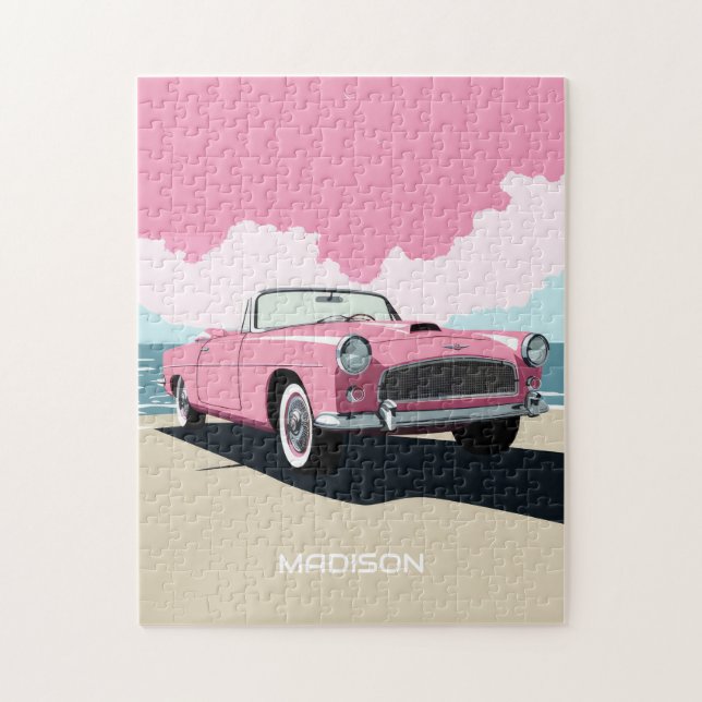 Custom Name Pink Classic Car Jigsaw Puzzle (Vertical)